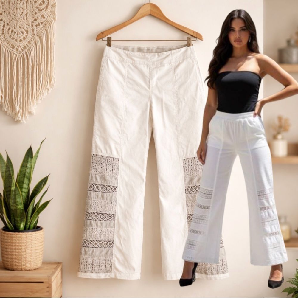 🛍️ XCVI by Mindset Gray Boho Open Panel crochet wide pants Size Small
